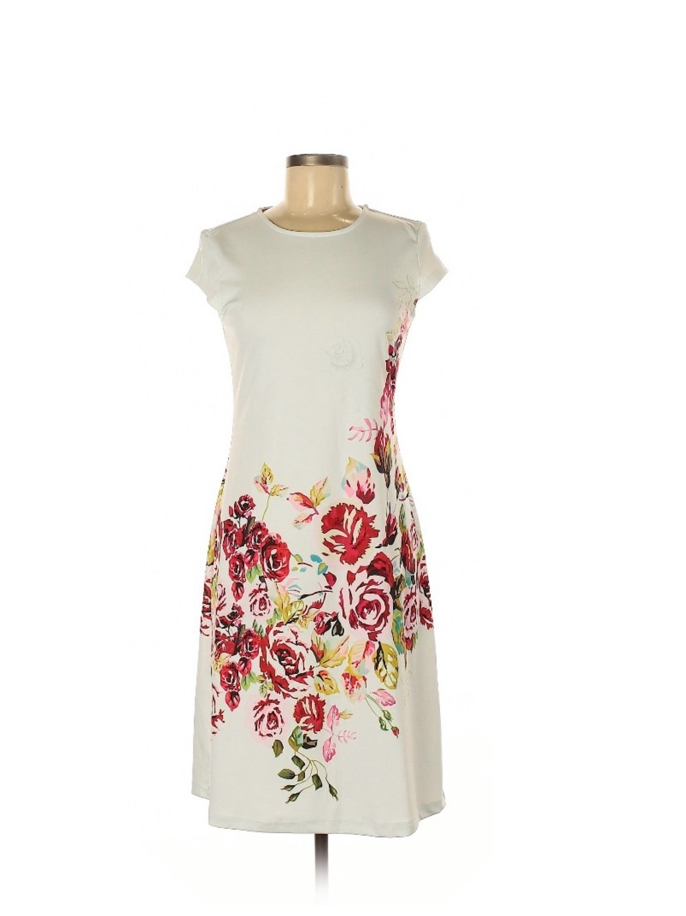 Nine West Cream Midi Dress with Pink and Red Floral Detail
